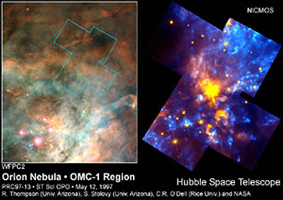 HST images of Orion, with a small protostar evident in the IR image (right).